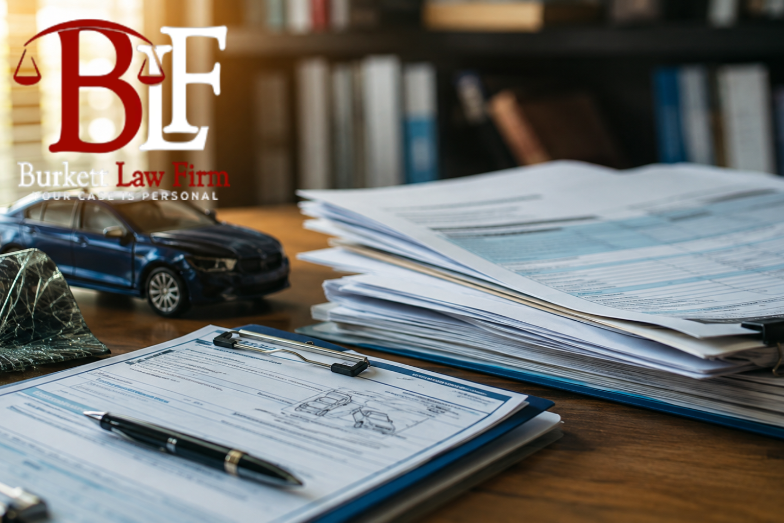 Insurance claim paperwork and a police accident report on a desk, representing the insurance process in a Texas personal injury claim