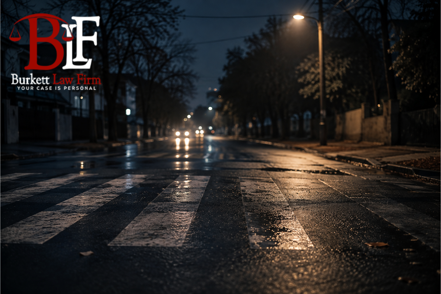 Empty crosswalk at dusk with streetlight and blurred headlights, representing the dangers pedestrians face at Corpus Christi intersections