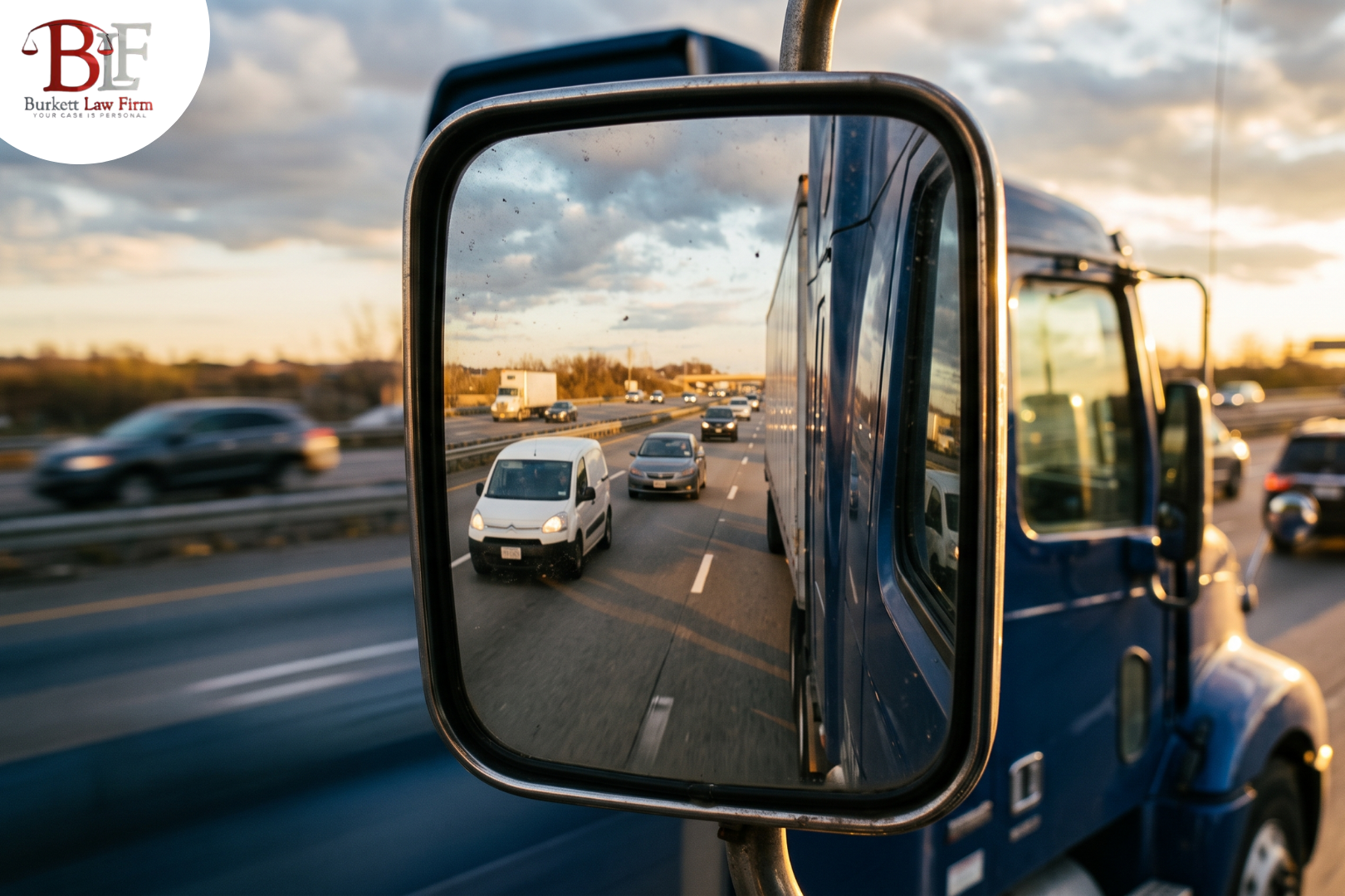 Semi-truck side mirror reflecting highway traffic, representing the multiple parties who can share fault in a Texas truck accident