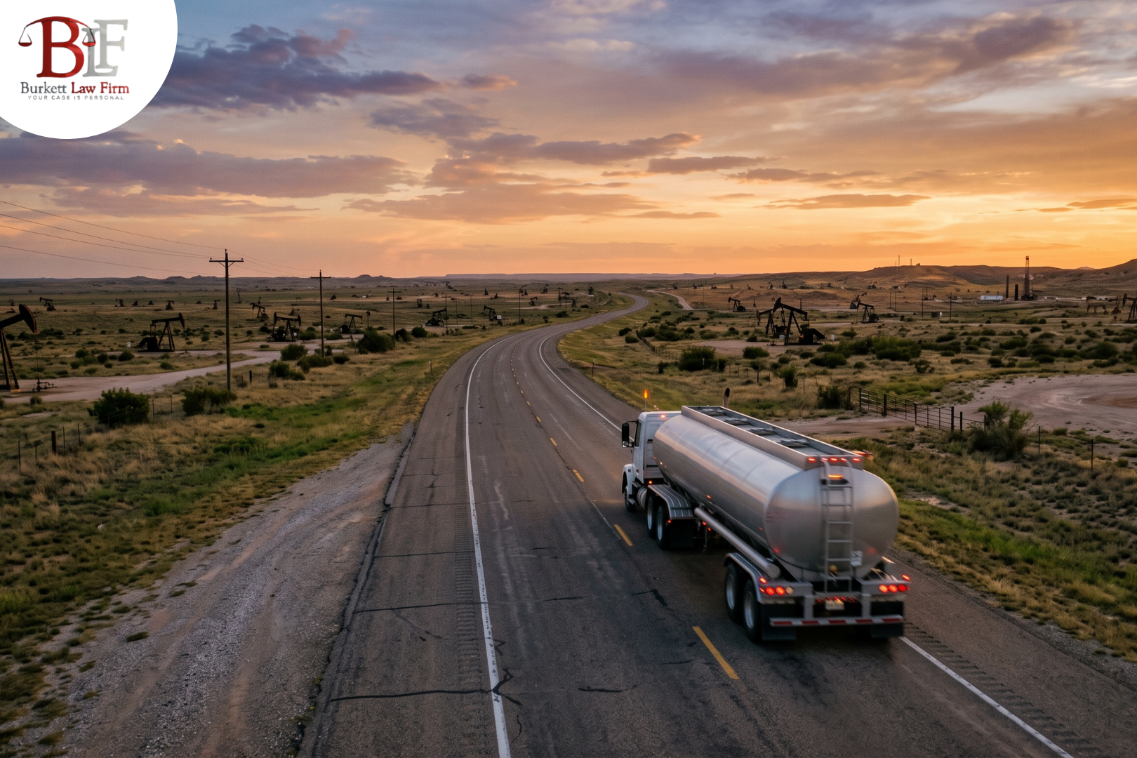 Tanker truck on a rural Eagle Ford highway at dusk, representing the dangerous conditions on South Texas oilfield trucking routes