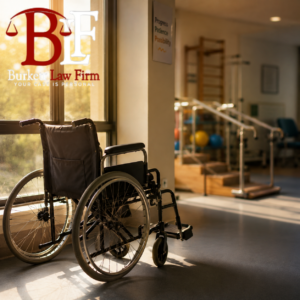 Wheelchair beside a sunlit window in a rehabilitation setting, representing recovery and long-term care after a spinal cord injury