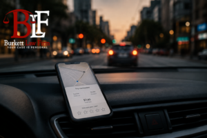 texas uber accident lawyer img Smartphone with a rideshare trip screen on a car dashboard, representing the digital evidence involved in an Uber or Lyft accident claim